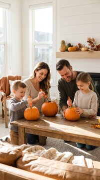 Happy young family with children carving Halloween pumpkins together on a wooden table in a bright modern living room