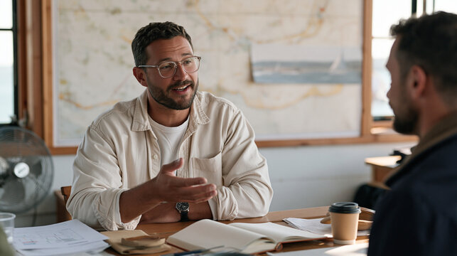 Sailing instructor welcoming a new student on their first day at a candlelit indoor navigation classroom in a quarry region training center, a fan humming in the corner near tide