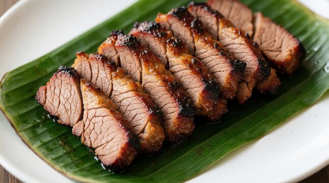 Sliced grilled pork brisket served on green banana leaf. Juicy roasted meat pieces with crispy edges on white plate. Traditional Asian BBQ pork dish for lunch dinner. Savory cooked protein with smoky