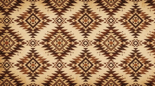 Intricate geometric pattern with tribal motifs on warm beige background. Symmetric ethnic design features brown diamond shapes, zig zag lines. Decorative folk art texture suitable for textile print,