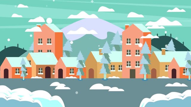 Winter town flat animation with falling snow and mountain background