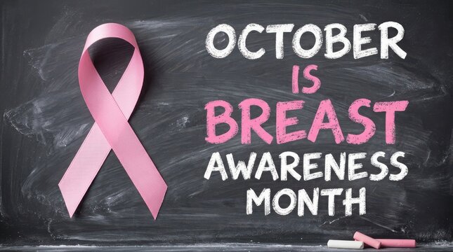 Breast cancer awareness month chalk text on dark chalkboard background