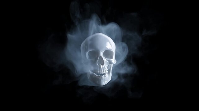 Skull surrounded by smoke against a black background with hollow eye sockets and exposed teeth