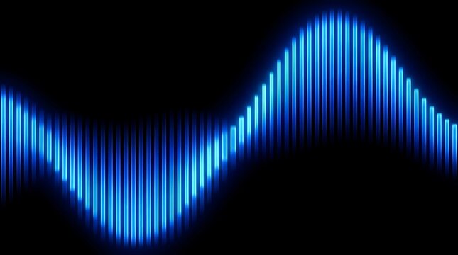 Blue neon sound wave visualization with glowing bars on black background, perfect for audio technology or electronic music concepts.
