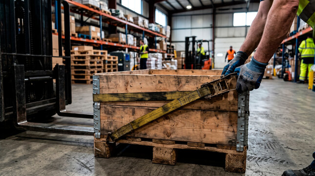 Worker securing wooden crate with straps in warehouse storage