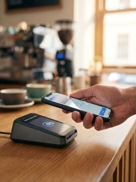 Close up of customer hand making successful contactless payment with smartphone at cafe POS terminal
