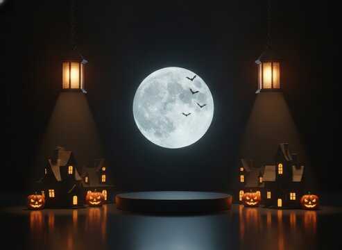 Halloween product display podium with glowing jack o lantern pumpkins and full moon in the dark night scene