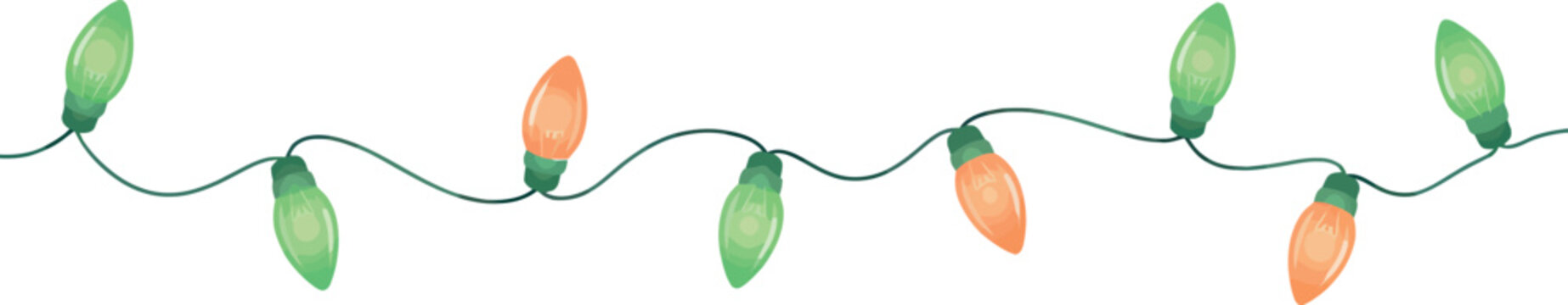 Christmas Lights Garland Vector Border with Green and Orange Festive Bulbs on Wavy String for Holiday Frames, Web Headers, and Winter Celebration Greeting Card Designs
