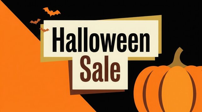 Halloween sale promotional banner with a pumpkin and bats on a black and orange background
