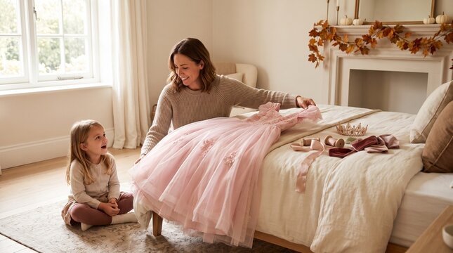 Smiling mother showing a beautiful pink princess costume to her excited little daughter in a bright cozy bedroom with autumn decorations