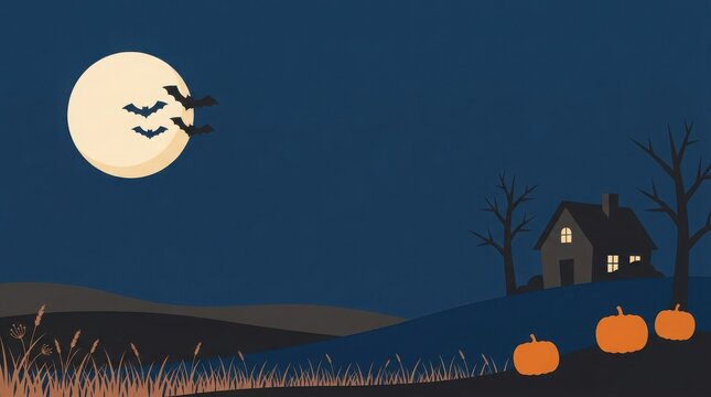 Spooky halloween night scene with a haunted house pumpkins and bats flying in front of the moon