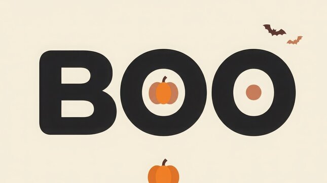 Minimalist halloween boo text design with cute pumpkins and flying bats