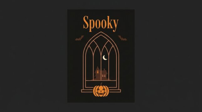 Spooky halloween poster design with gothic arch window and carved pumpkin illustration
