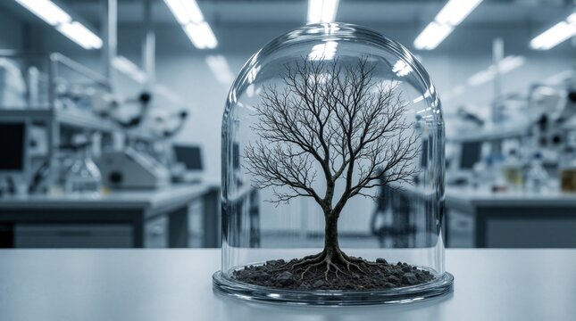 Bare tree grows inside glass dome on lab table. Scientific equipment in background. Concept environmental protection and research for future growth.