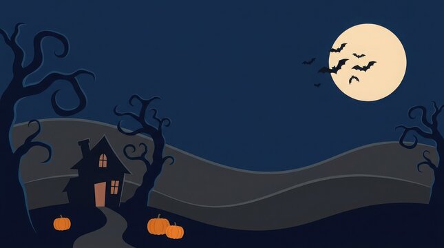 Spooky halloween night landscape with a haunted house pumpkins and a full moon