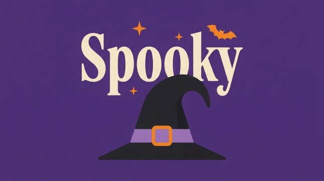 Spooky halloween text design with a witch hat and stars on a purple background