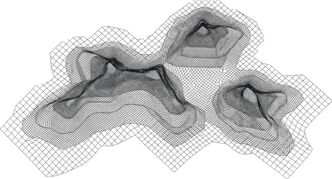 Black wireframe 3D terrain landscape model showing topographic map elevation isolated on white