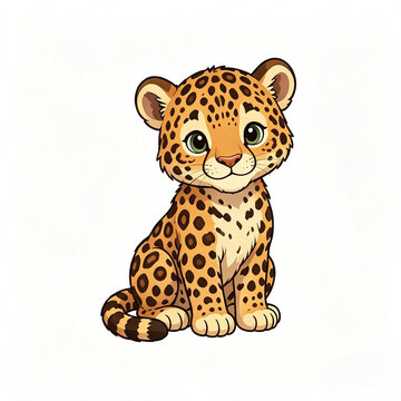 Cute baby leopard sitting happily spotted wild cat cartoon vector illustration on white background