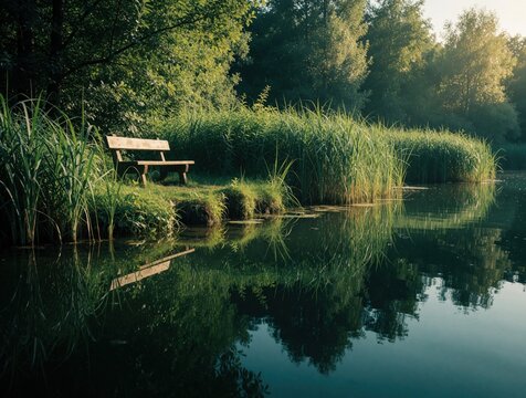 Wooden bench sits by calm water and lush green reeds. Trees and sunlit foliage reflect on the smooth lake surface. Peaceful natural scene offers quiet repose.