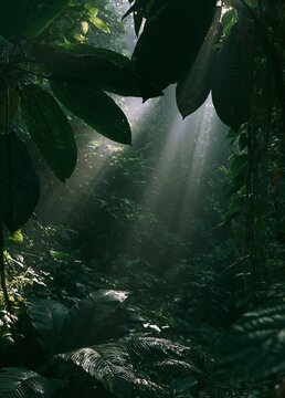 Photograph of a dense jungle scene. the sunlight is shining through the leaves of various plants and trees, creating a beautiful and serene atmosphere.