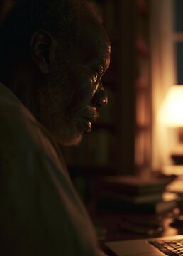 Close-up portrait of an elderly african-american man sitting at a desk with a laptop in front of him. he appears to be deep in thought, with his eyes closed and his head tilted slightly to the side.