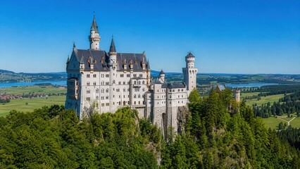Fototapeta premium Berühmtes Märchenschloss in Bayern über dichtem Wald mit weiter Landschaft, Seen und blauem Himmel. Eindrucksvolle historische Architektur in sonniger Sommerstimmung im Allgäu.