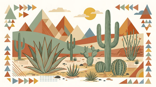 Mid century modern desert landscape illustration | Boho southwest geometric art with cacti | Terracotta and sage green desert mountain wall art