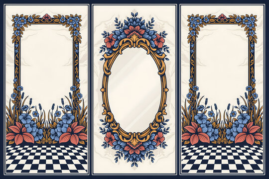 Ornate vintage mirror and rectangular frames with floral decorations