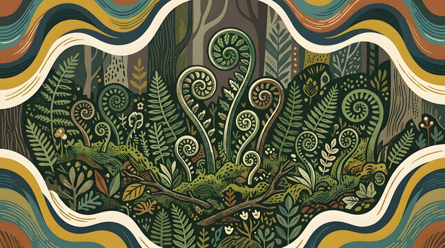 Abstract forest floor illustration with fern fiddleheads | Retro style woodland botanical art print | Stylized nature background with organic shapes | Vintage inspired folk art of ferns and forest gre