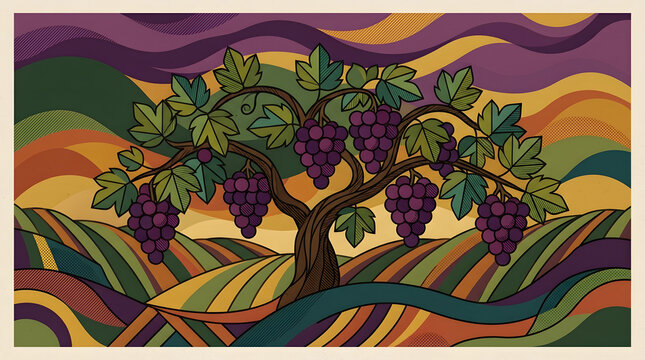 Stylized vineyard landscape illustration | Modern graphic art of grapevine with purple grapes | Abstract winery logo design concept | Vineyard harvest scene with geometric patterns