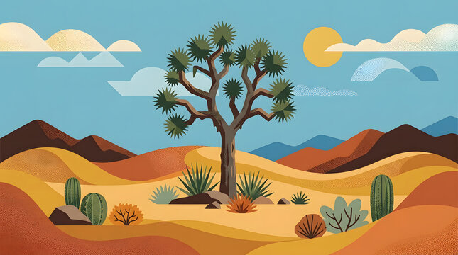 Minimalist desert landscape illustration | Retro flat design Joshua tree poster | Modern geometric southwest wall art | Stylized arid environment vector graphic