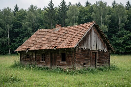 Old crumbling wooden cabin stands in green meadow near forest. Abandoned rustic cottage with red tile roof sits in rural countryside. Weathered timber house decays in overgrown field under cloudy