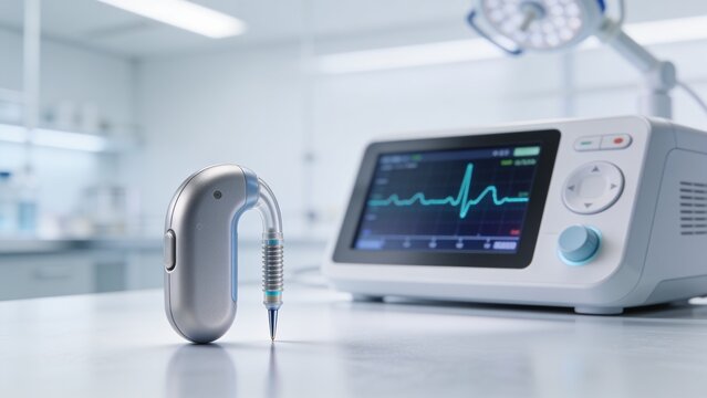 Medical technology concept featuring advanced implantable cardiac monitoring device beside clinical patient monitor in sterile hospital laboratory setting futuristic biomedical engineering healthcare 