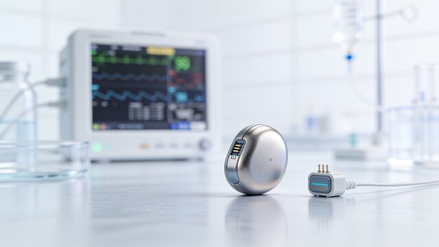 Medical technology concept featuring advanced implantable cardiac monitoring device beside clinical patient monitor in sterile hospital laboratory setting futuristic biomedical engineering healthcare 