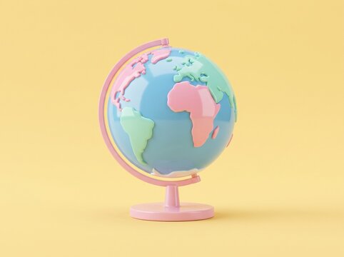 Colorful desktop globe on a pastel yellow background representing global connection and education