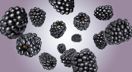 Fresh ripe blackberries flying in air against color gradient background © New Africa