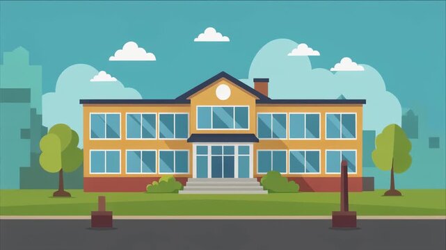 Modern school building in suburban landscape animation