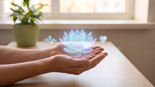 Cupped hands holding a glowing holographic lotus flower with heartbeat and heart icons in a serene indoor setting, representing mental wellness, mindfulness, digital health, and holistic care 