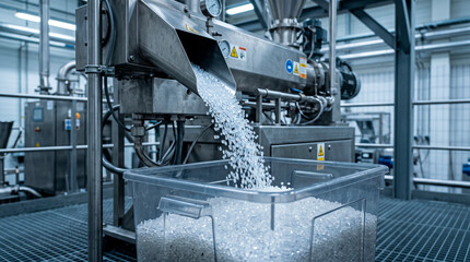 Naklejka premium Industrial plastic pellets flowing into a container in manufacturing plant
