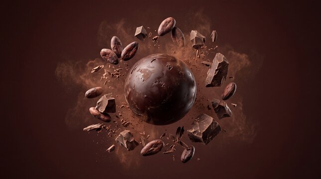 Photorealistic cinematic studio photograph of a premium chocolate centerpiece surrounded by suspended cocoa beans, chocolate fragments, cocoa powder, and fine chocolate particles in a zero-gravity com