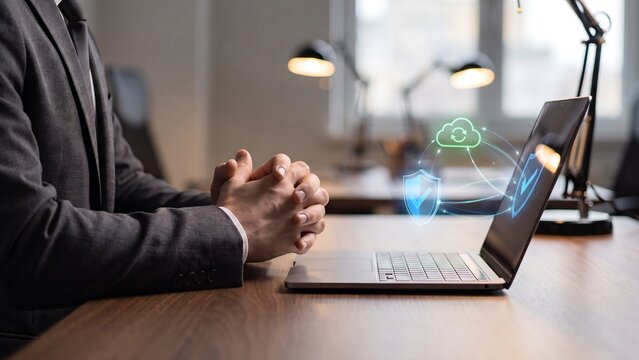 Businessman sitting at a laptop with holographic cloud sync and verified shield security icons, representing cybersecurity, cloud data protection, digital compliance, and secure corporate network mana