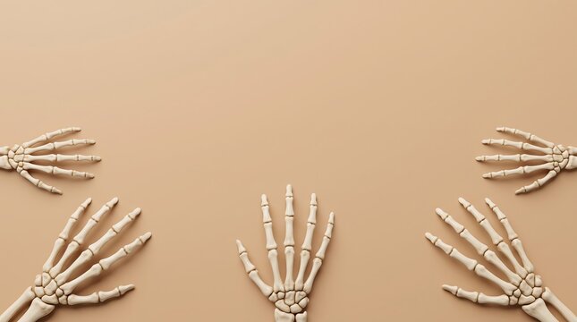 Five human skeleton hands arranged in a circular pattern on a light beige background representing anatomy biology or medical study concepts