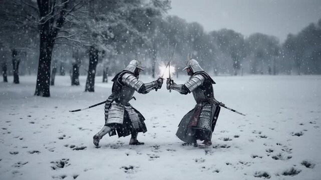 Samurai duel in snowy forest, dynamic battle scene