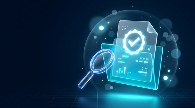 Digital document with checkmark symbol inside folder, reviewed by magnifying glass, signifies successful approval or verification process.