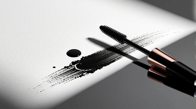 Black mascara brush applies bold strokes on white textured surface near reflective pool of cosmetic. Luxury beauty product for eye lash makeup in studio.