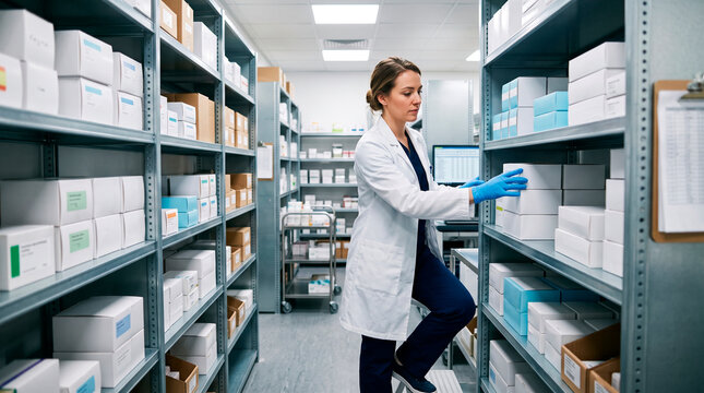 Pharmacist Organizing Medicine Boxes in Pharmacy Storage