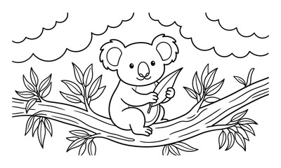 Cute koala coloring page with eucalyptus branch and leaves. Black and white outline illustration for kids coloring book, activity sheet and printable worksheet. © MdMasum