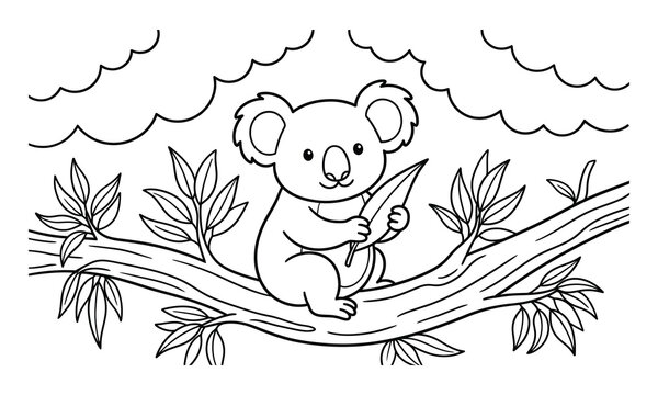 Cute koala coloring page with eucalyptus branch and leaves. Black and white outline illustration for kids coloring book, activity sheet and printable worksheet.