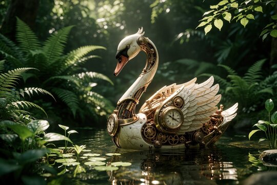 Elegant steampunk swan sculpture floats on garden pond. Mechanical bird made of brass, metal with clock gears sits among rich green ferns. Ornate white bird art piece creates unique decor in tranquil