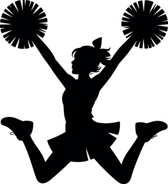 Silhouette illustration of a cheerful cheerleader jumping in the air while holding pompoms high above her head